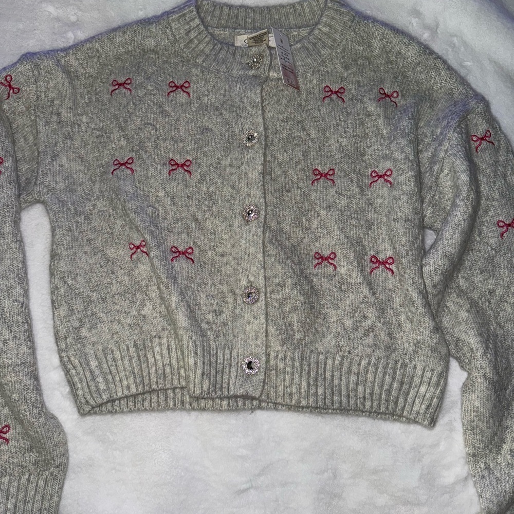 Jessica Simpson gray pink bow bling crystal button cardigan sweater 🎀🎀🎀 💎💎 - Picture 11 of 11